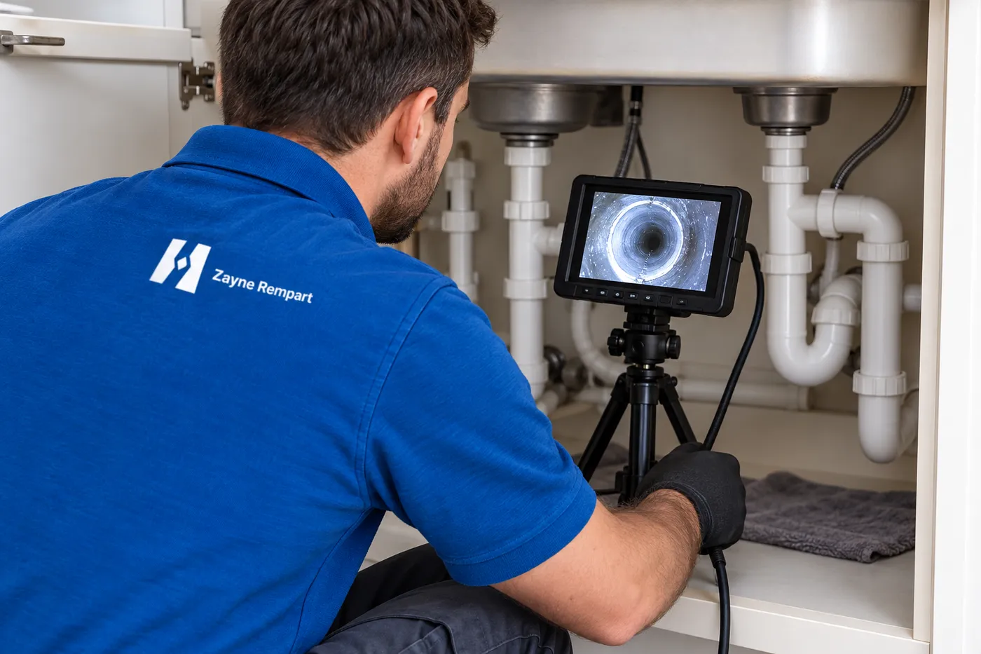 Plombier Zayne Rempart observant sur un écran l'intérieur d'une évacuation filmée par une caméra d'inspection sous un évier
