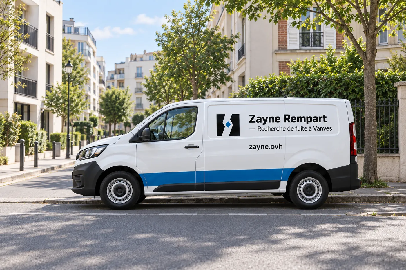 Fourgon blanc Zayne Rempart, marqué zayne.ovh, garé dans une rue résidentielle de Vanves